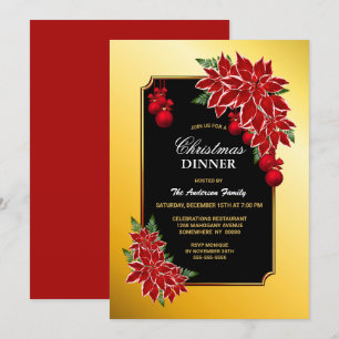 Invitation Bordure d'or Noir avec Poinsettia Dîner de Noël