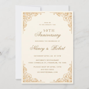 Invitation Bordure d'or Ornate Beige 50e anniversaire Mariage
