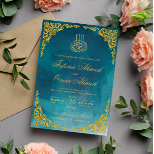 Invitation Bordure dorée chic turquoise Mariage musulman isla