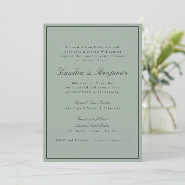 Invitation Bordure Écriture Élégant Mariage Olive Gris RSVP (Debout devant)