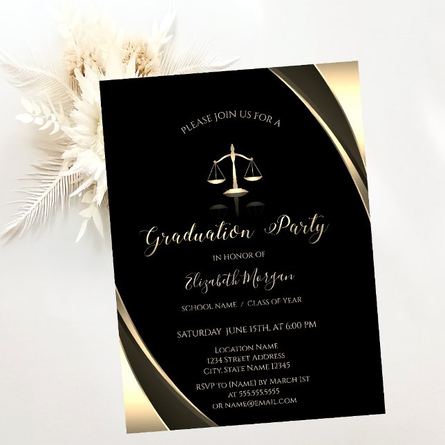 Invitation Bordure élégante de balance de justice en or noir  (Créateur téléchargé)