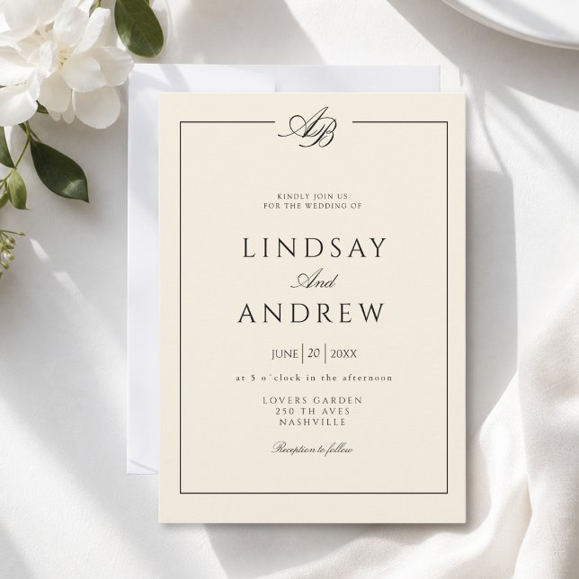 Invitation Bordure Élégante Monogramme Mariage Ivoire (Elegant Monogram Border Ivory Wedding Invitation)