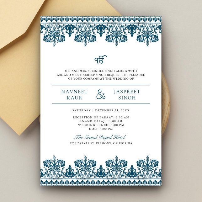 Invitation Bordure en Damas Bleu Mariage Sikh Anand Karaj (Créateur téléchargé)