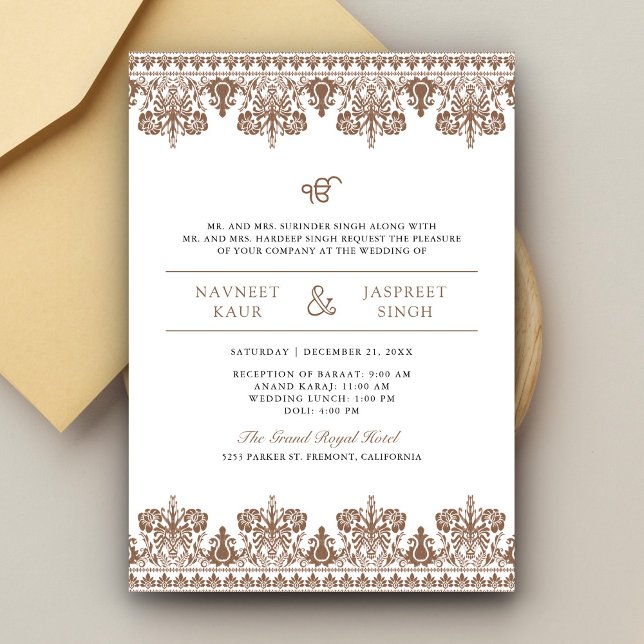 Invitation Bordure en Damas Brun Mariage Anand Karaj Sikh (Créateur téléchargé)