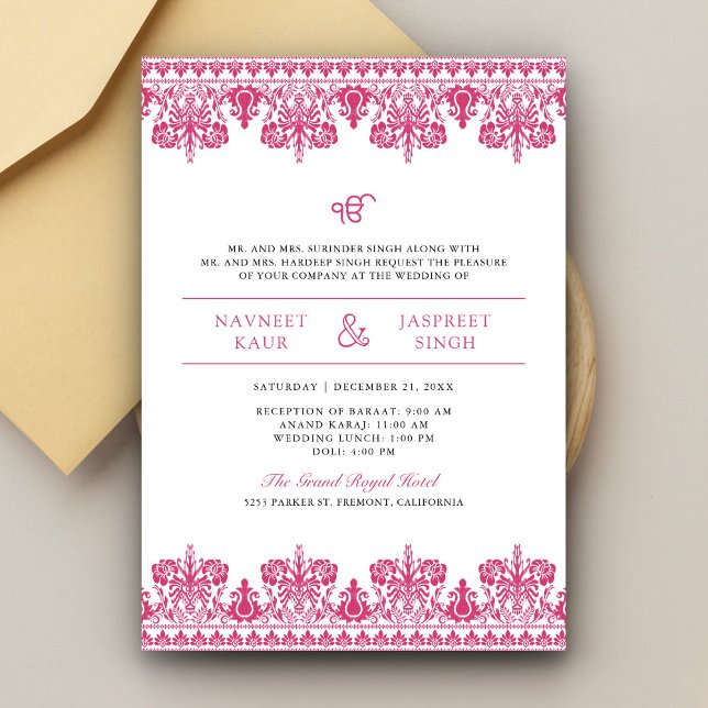 Invitation Bordure en damas rose Anand Karaj mariage sikh (Créateur téléchargé)