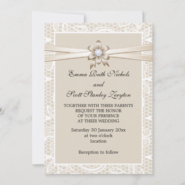 Invitation Bordure en dentelle avec mariage en ruban beige (Devant)