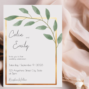 Invitation Bordure feuille et bronze, Mariage minimaliste