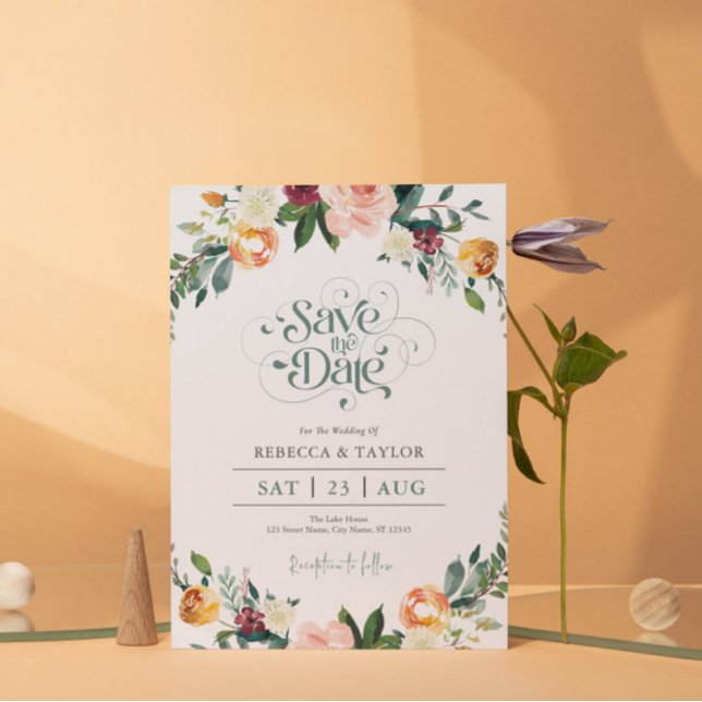 Invitation Bordure Fleurs Élégantes Enregistrer la date Typog (Créateur téléchargé)