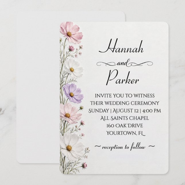 Invitation Bordure florale de cosmos de mariage sur fond blan (Devant / Derrière)