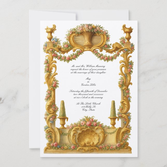 Invitation Bordure florale de couleur Baroque Rococo français (Devant)