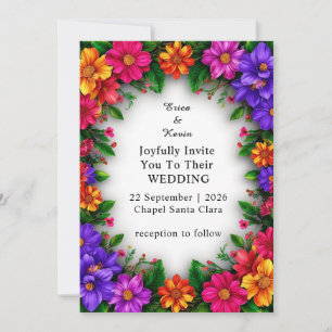 Invitation Bordure florale de mariage avec des fleurs vibrant