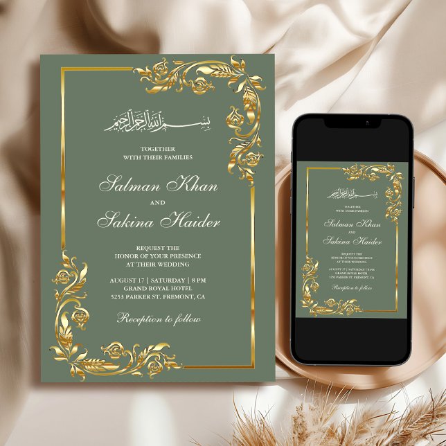 Invitation Bordure Florale Dorée Vert Sauge Mariage Islamique (Créateur téléchargé)
