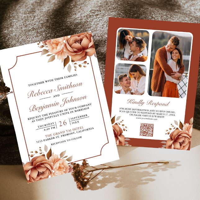 Invitation Bordure florale en terre cuite Code QR Photo Maria (Créateur téléchargé)
