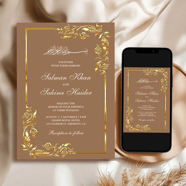 Invitation Bordure Florale Or Beige Mariage Islamique (Créateur téléchargé)
