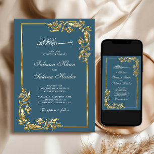 Invitation Bordure florale or bleu poussiéreux Mariage islami