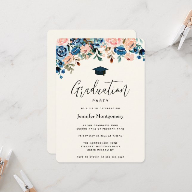 Invitation Bordure florale rose et bleu avec capuchon de grad (Devant/Arrière en situation)