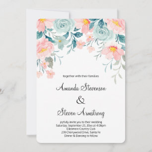 Invitation Bordure florale rose et vert Élégant Mariage