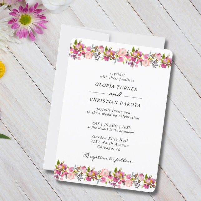 Invitation Bordure florale rose vif Mariage arrondi (Créateur téléchargé)