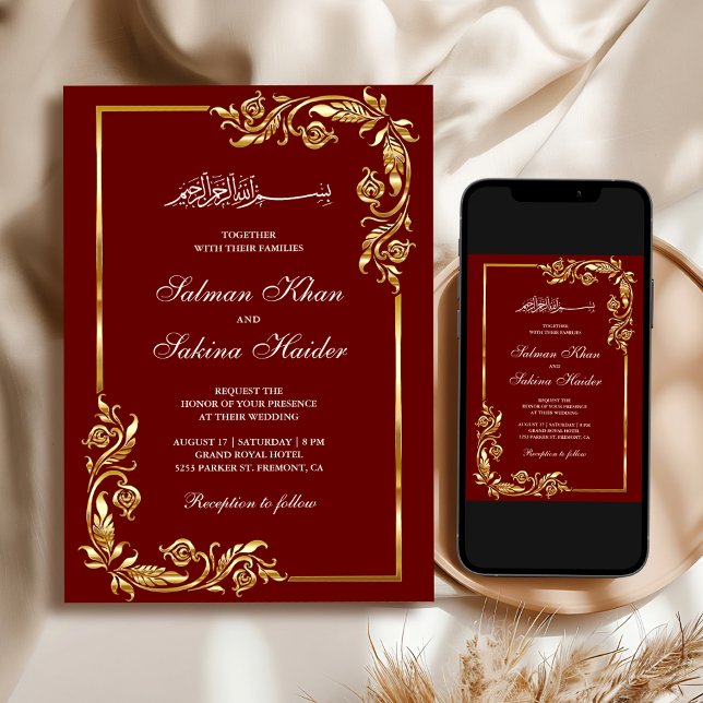 Invitation Bordure florale rouge bordeaux or mariage islamiqu (Créateur téléchargé)