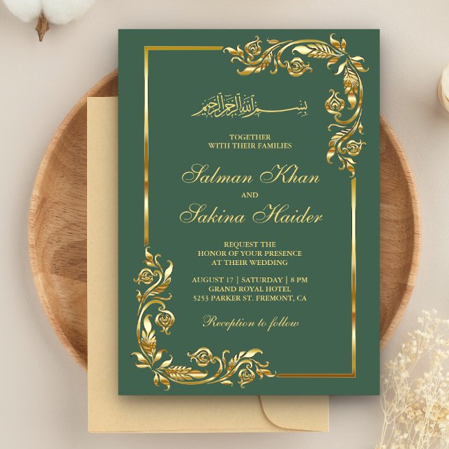 Invitation Bordure florale verte et dorée pour mariage islami (Créateur téléchargé)