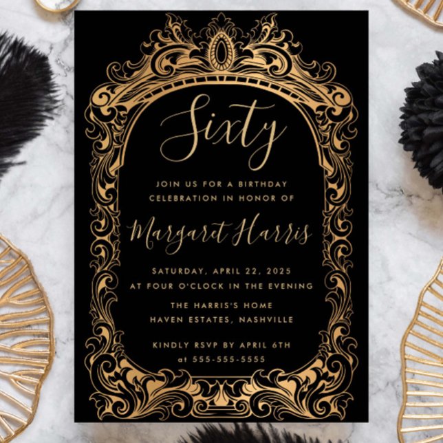 Invitation Bordure Noire Or Classique 60e Soixantième Anniver (Créateur téléchargé)