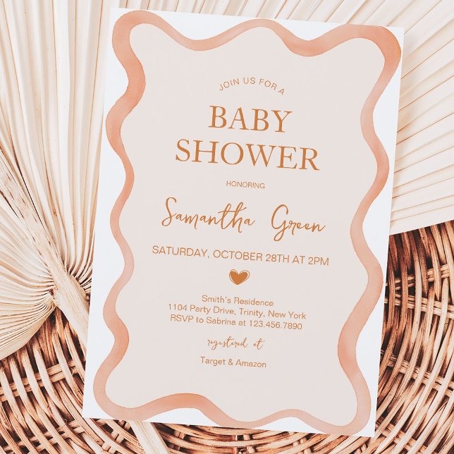 Invitation Bordure Ondulée Baby Shower Rustique Orange (Créateur téléchargé)