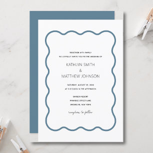 Invitation Bordure ondulée moderne rétro Dusty Mariage bleu
