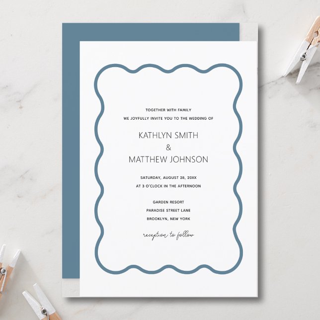 Invitation Bordure ondulée moderne rétro Dusty Mariage bleu (Créateur téléchargé)