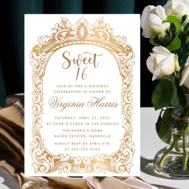 Invitation Bordure or classique Sweet sixteen 16 Anniversaire (Créateur téléchargé)