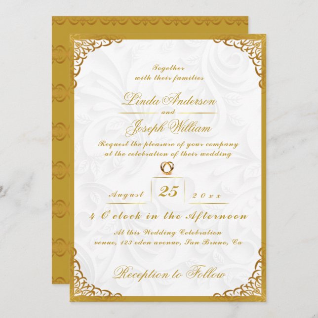 Invitation Bordure Or Glamor Luxe & Mariage Fleur Nordique (Devant / Derrière)