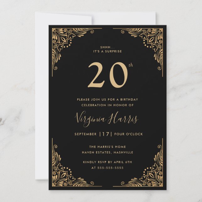 Invitation Bordure Ornate Or Noir Vingt-dixième anniversaire (Devant)
