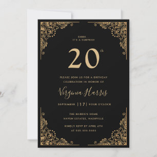 Invitation Bordure Ornate Or Noir Vingt-dixième anniversaire