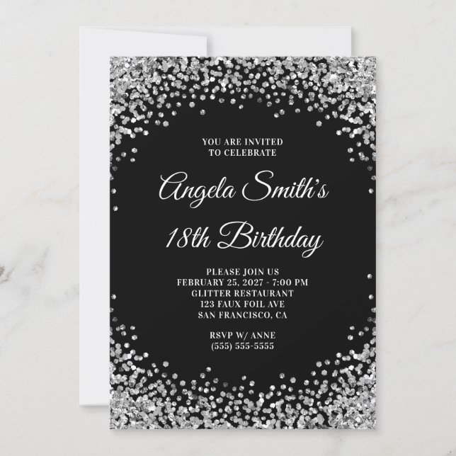 Invitation Bordure Pailletée Argent Anniversaire 18 Ans Noir (Devant)