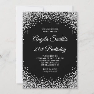 Invitation Bordure Pailletée Argent Anniversaire 21 Ans Noir