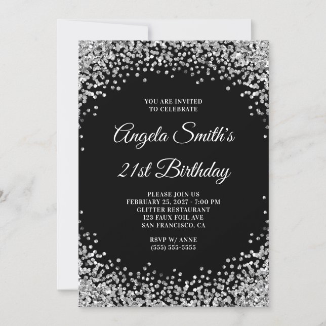 Invitation Bordure Pailletée Argent Anniversaire 21 Ans Noir (Devant)