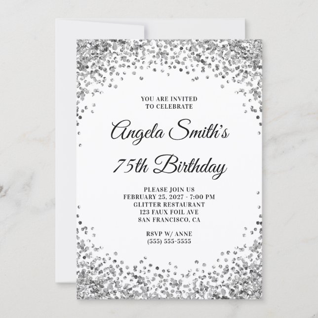 Invitation Bordure Pailletée Argent Anniversaire 75 Ans Blanc (Devant)