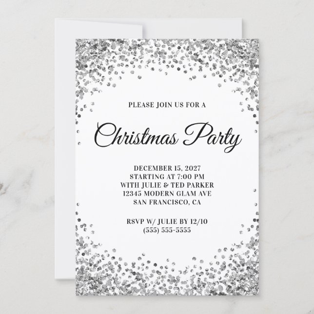 Invitation Bordure Pailletée Argent Fête de Noël Blanche (Devant)