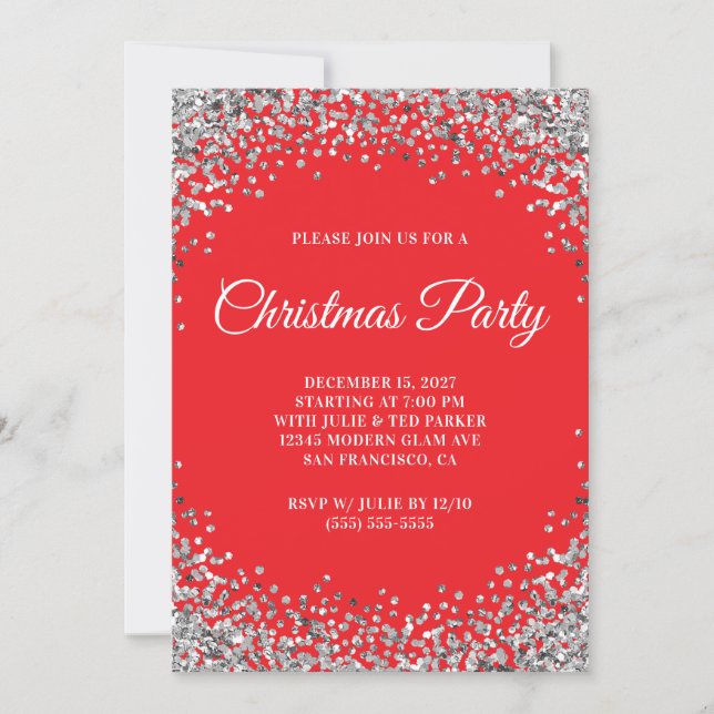 Invitation Bordure Pailletée Argent Rouge Fête de Noël (Devant)