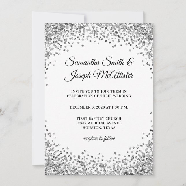 Invitation Bordure Pailletée Argentée Mariage Blanc (Devant)