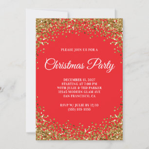 Invitation Bordure Pailletée Or Fête de Noël Rouge
