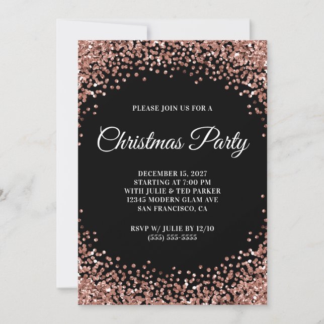 Invitation Bordure Pailletée Or Rose Fête de Noël Noire (Devant)