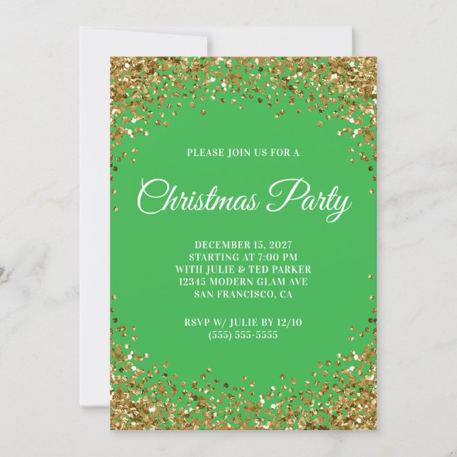 Invitation Bordure Pailletée Or Verte Fête de Noël (Devant)