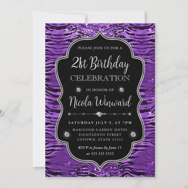 Invitation Bordure Pailletée Rayures de Tigre Argent Violet A (Devant)