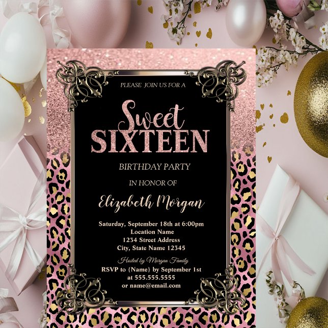 Invitation Bordure Pailletée Rose Gold Léopard Sweet 16 (Créateur téléchargé)