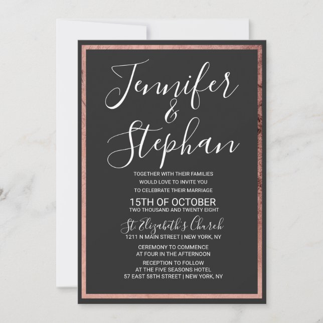 Invitation Bordure rose Gold Outline Mariage noir simple (Devant)