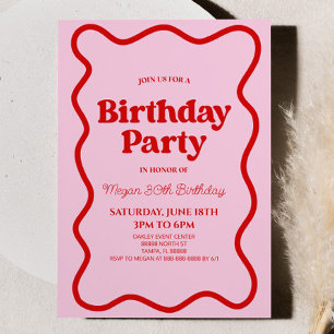 Invitation Bordure rose rouge rétro Wavy Anniversaire