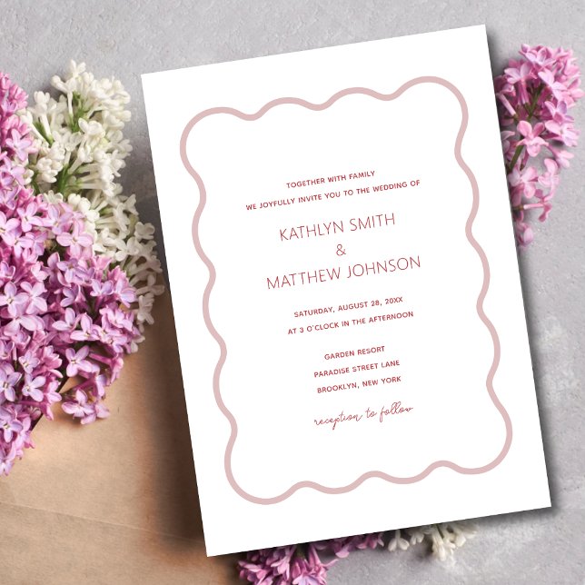Invitation Bordure rose rouge vague moderne Mariage rétro (Créateur téléchargé)
