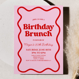 Invitation Bordure rouge rose rétro vague Anniversaire Brunch