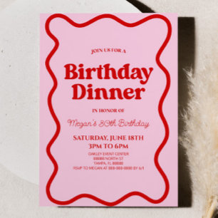 Invitation Bordure rouge rose rétro Wavy Anniversaire Dîner f