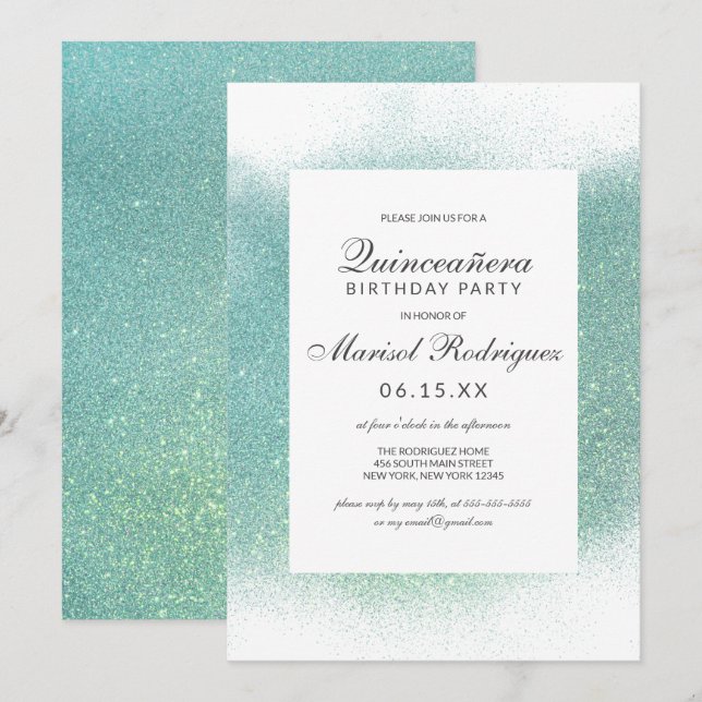 Invitation Bordure Turquoise de poussière de Parties scintill (Devant / Derrière)